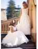 Ivory Lace V Back Flower Girl Dress With Organza Sash